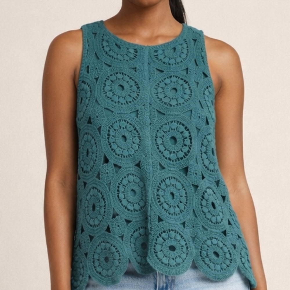 Crotchet Sleeveless V-Neck Lined Knit Top M Retro Scalloped Hem Doilie Style